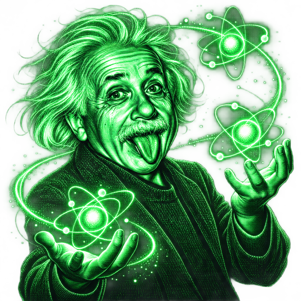 Quantum Albert juggling glowing atoms of particle and wave
